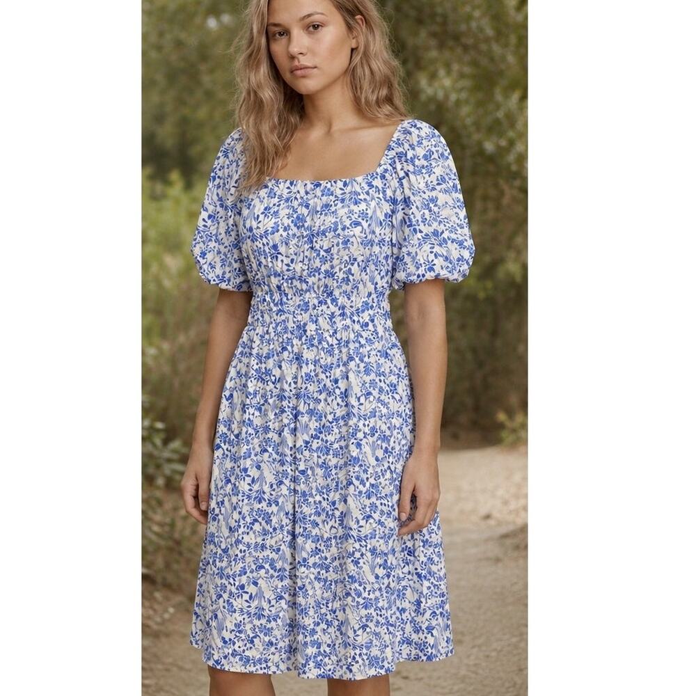 Pologram Blue White Bird Floral Midi Dress Medium Puff Sleeve Cottagecore EUC